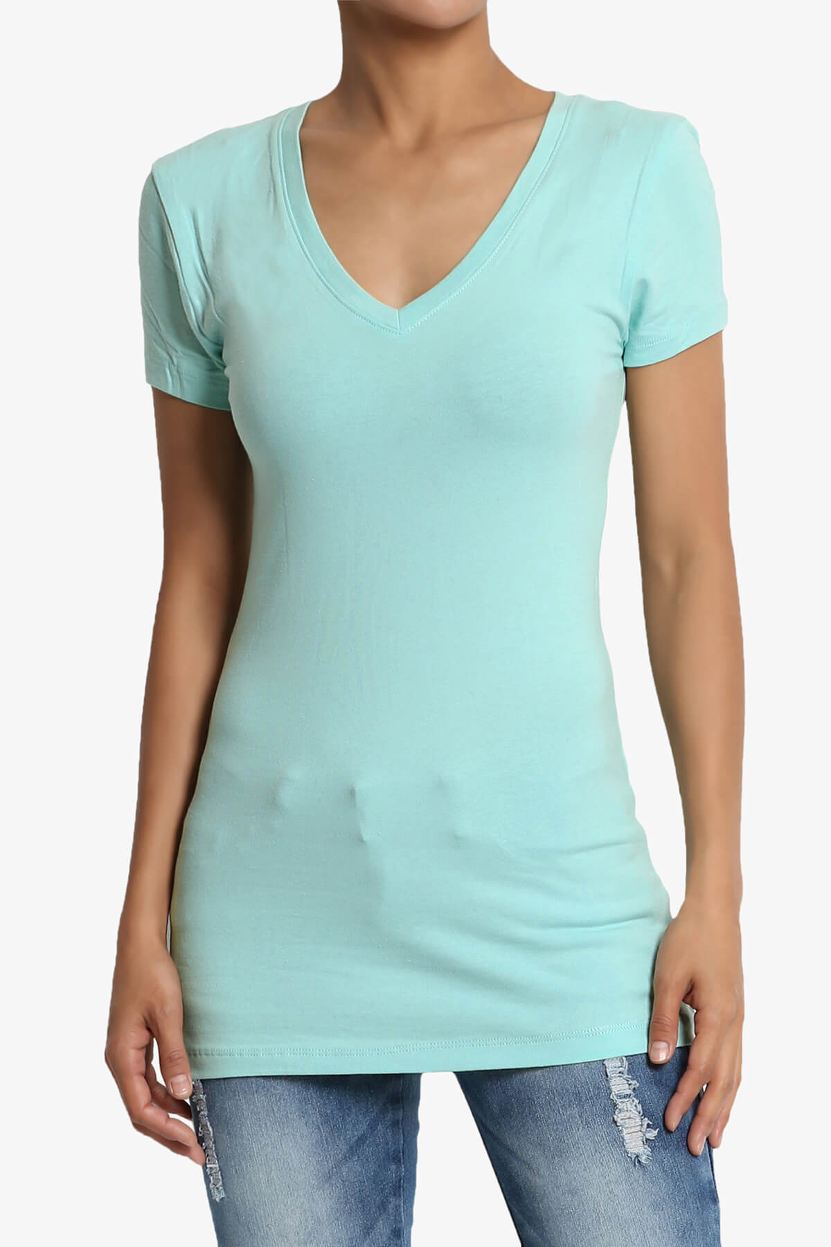 Themogan Basic Plain Short Sleeve V Neck T Shirts Cotton Stretch Long